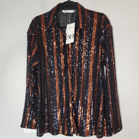 NWT Zara Sequin Stripe Abbey Long Sleeve Button Shirt Black Blue Orange Brown M - Picture 1 of 17